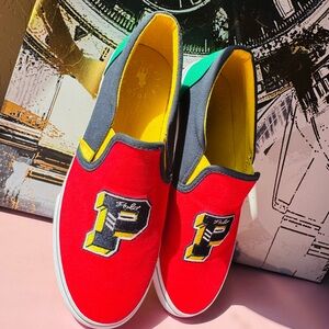 Polo by Ralph Lauren Red Canvas Slip-On Loafers with Yellow and Green Accents